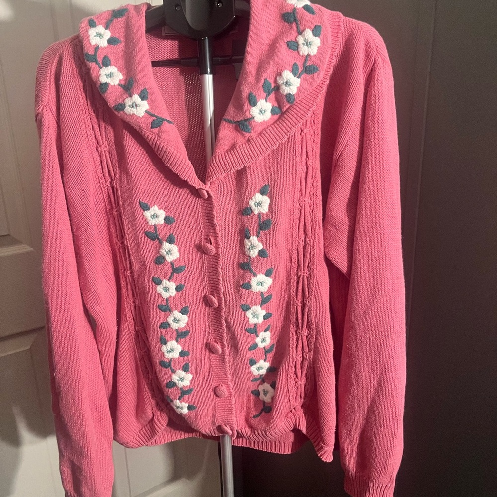 Women's Pink Cowl Neck Sweater with Floral Trim - Picture 2 of 2